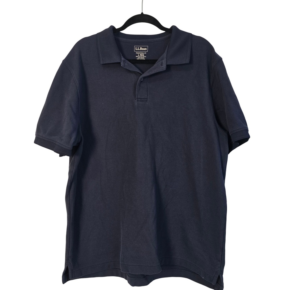 LL Bean Mens Traditional Fit Polo Shirt Navy Blue Cotton Pique Large 300454